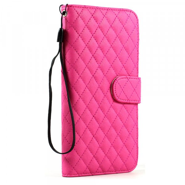 Wholesale iPhone 6 Plus 5.5 Quilted Flip PU Leather Wallet Case with Strap (Hot Pink)